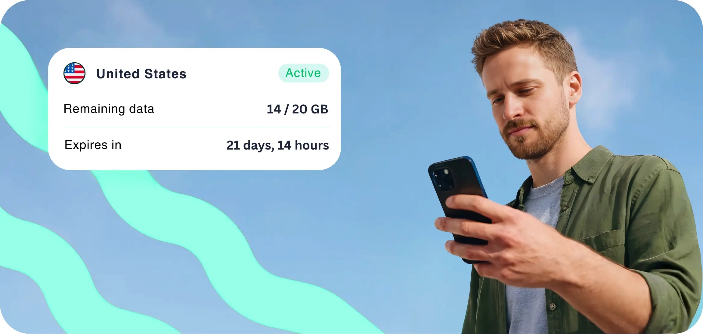 A man viewing his Roambit US eSIM plan details on his phone.